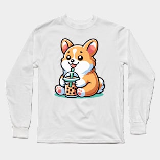 cute corgi drink boba Long Sleeve T-Shirt